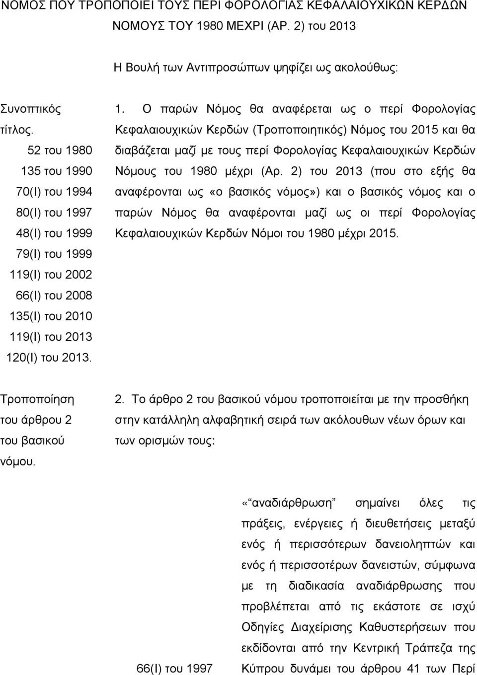 80 135 του 1990 70(Ι) του 1994 80(Ι) του 1997 48(Ι) του 1999 79(Ι) του 1999 119(Ι) του 2002 66(Ι) του 2008 135(Ι) του 2010 119(Ι) του 2013 120(Ι) του 2013. 1. Ο παρών Νόμος θα αναφέρεται ως ο περί