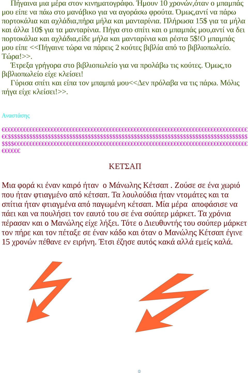 Ο μπαμπάς μου είπε <<Πήγαινε τώρα να πάρεις 2 κούτες βιβλία από το βιβλιοπωλείο. Τώρα!>>. Έτρεξα γρήγορα στο βιβλιοπωλείο για να προλάβω τις κούτες. Όμως,το βιβλιοπωλείο είχε κλείσει!