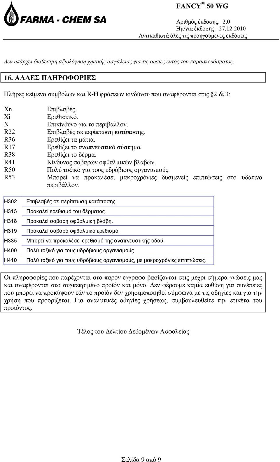 Επιβλαβές σε περίπτωση κατάποσης. Ερεθίζει τα μάτια. Ερεθίζει το αναπνευστικό σύστημα. Ερεθίζει το δέρμα. Κίνδυνος σοβαρών οφθαλμικών βλαβών. Πολύ τοξικό για τους υδρόβιους οργανισμούς.