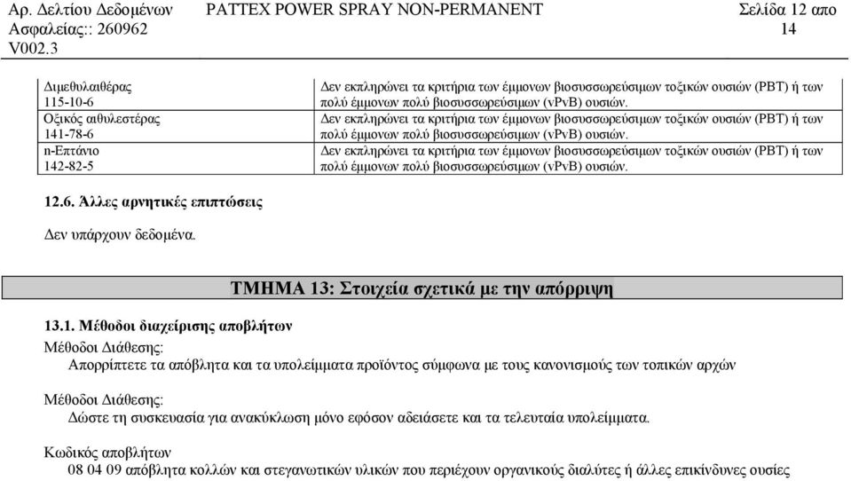 12.6. Άλλες αρνητικές εν υπάρχουν δεδοµένα. ΤΜΗΜΑ 13: Στοιχεία σχετικά µε την απόρριψη 13.1. Μέθοδοι διαχείρισης αποβλήτων Μέθοδοι ιάθεσης: Απορρίπτετε τα απόβλητα και τα υπολείµµατα προϊόντος