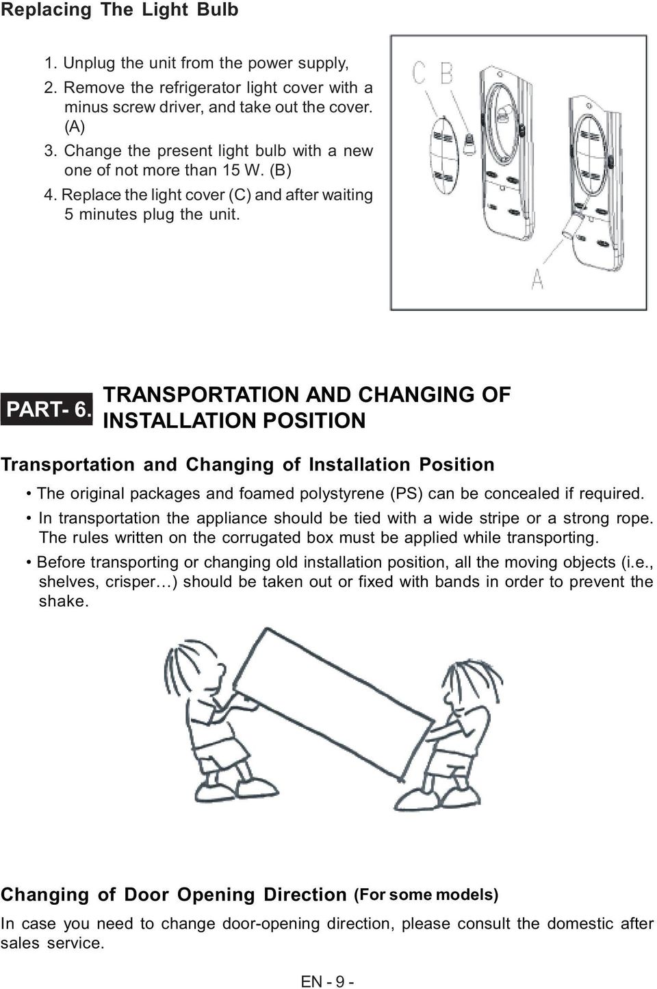 TRANSPORTATION AND CHANGING OF INSTALLATION POSITION Transportation and Changing of Installation Position The original packages and foamed polystyrene (PS) can be concealed if required.