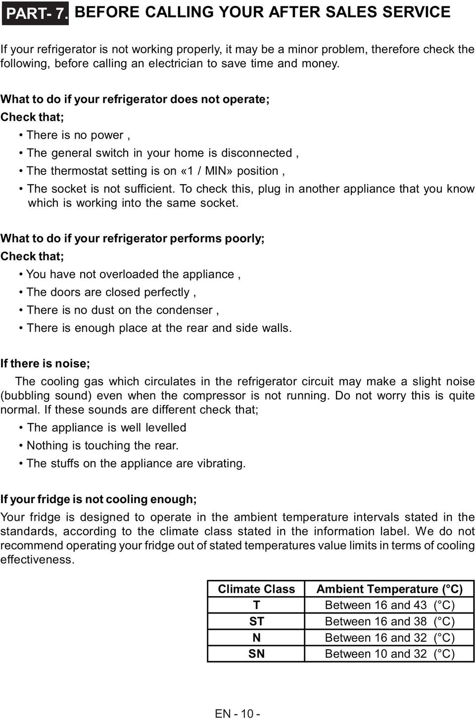 What to do if your refrigerator does not operate; Check that; There is no power, The general switch in your home is disconnected, The thermostat setting is on «1 / MIN» position, The socket is not