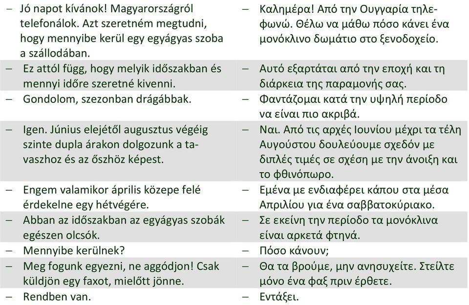 Abban az időszakban az egyágyas szobák egészen olcsók. Mennyibe kerülnek? Meg fogunk egyezni, ne aggódjon! Csak küldjön egy faxot, mielőtt jönne. Rendben van. Καλημέρα! Από την Ουγγαρία τηλεφωνώ.