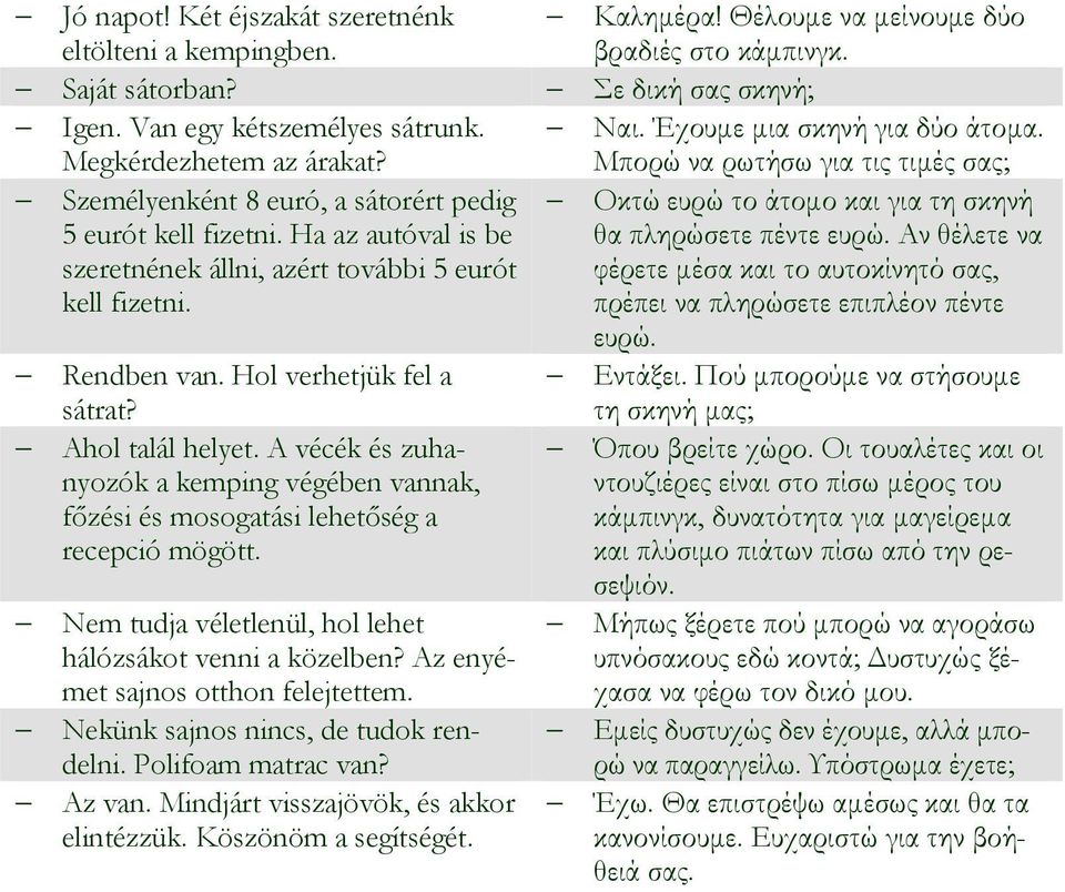 A vécék és zuhanyozók a kemping végében vannak, főzési és mosogatási lehetőség a recepció mögött. Nem tudja véletlenül, hol lehet hálózsákot venni a közelben? Az enyémet sajnos otthon felejtettem.