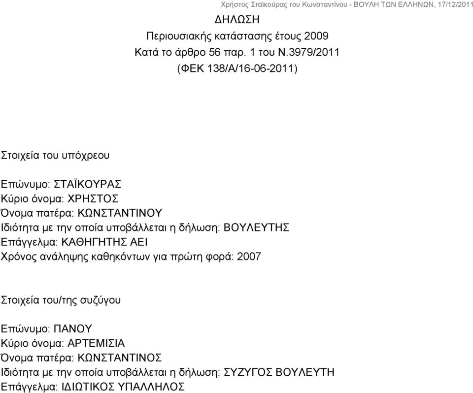 Ιδιότητα με την οποία υποβάλλεται η δήλωση: ΒΟΥΛΕΥΤΗΣ Επάγγελμα: ΚΑΘΗΓΗΤΗΣ ΑΕΙ Χρόνος ανάληψης καθηκόντων για πρώτη φορά: