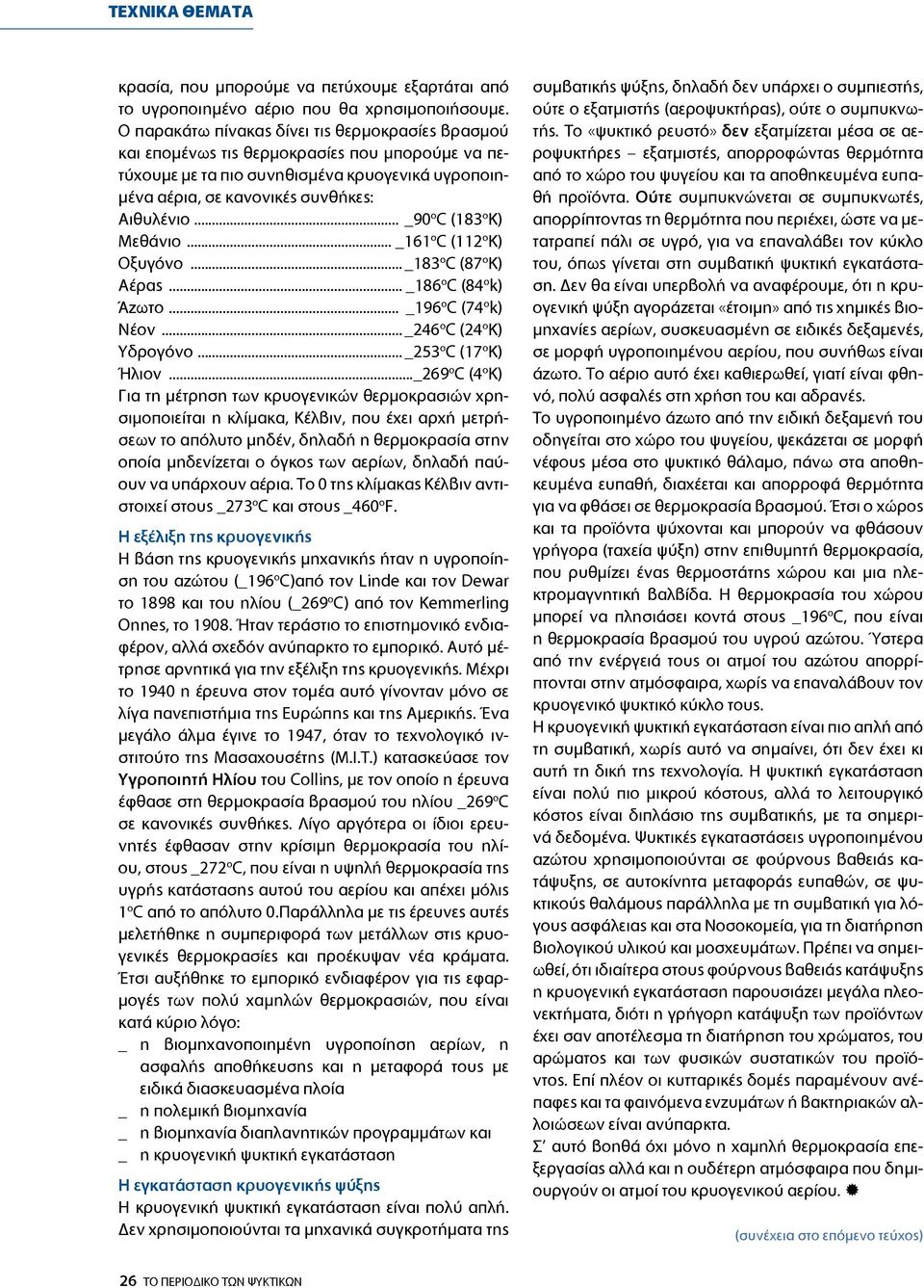 .. _90 ο C (183 ο K Μεθάνιο... _161 ο C (112 ο K Οξυγόνο... _183 ο C (87 ο K Αέρας... _186 ο C (84 ο k Άζωτο... _196 ο C (74 ο k Νέον... _246 ο C (24 ο K Υδρογόνο... _253 ο C (17 ο K Ήλιον.