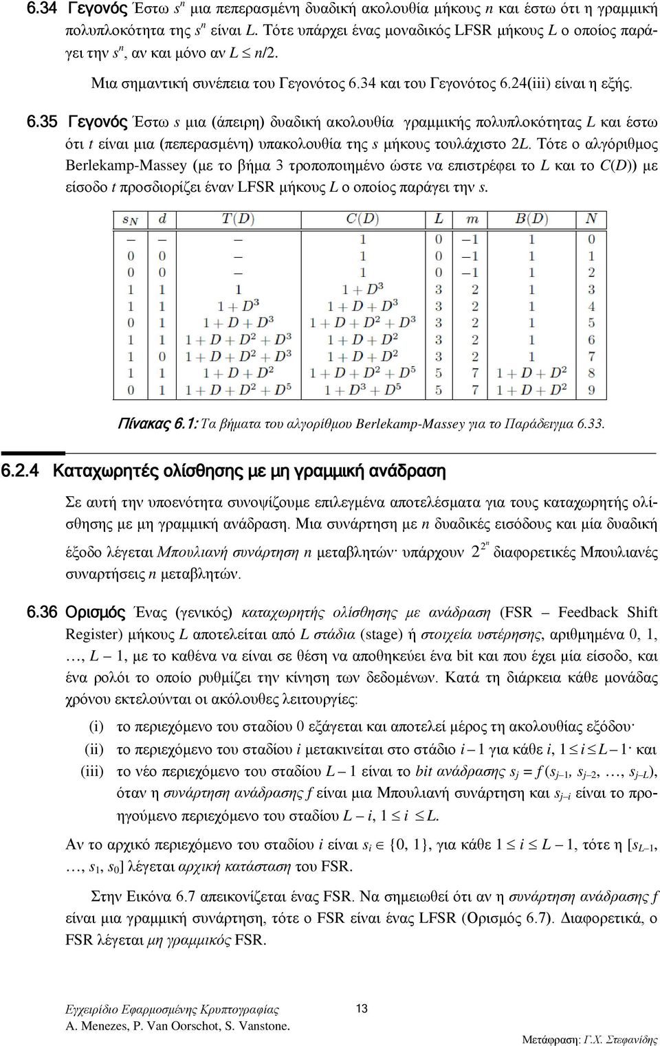 34 και του Γεγονότος 6.24(iii) είναι η εξής. 6.35 Γεγονός Έστω s μια (άπειρη) δυαδική ακολουθία γραμμικής πολυπλοκότητας L και έστω ότι t είναι μια (πεπερασμένη) υπακολουθία της s μήκους τουλάχιστο 2L.