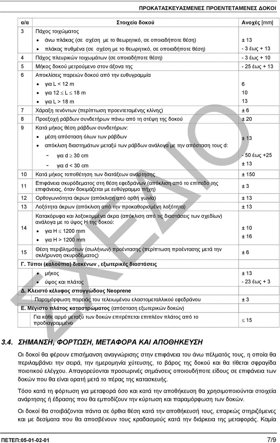 m 13 7 Χάραξη τενόντων (περίπτωση προεντεταµένης κλίνης) ± 6 8 Προεξοχή ράβδων συνδετήρων πάνω από τη στέψη της δοκού ± 20 9 Κατά µήκος θέση ράβδων συνδετήρων: µέση απόσταση όλων των ράβδων απόκλιση