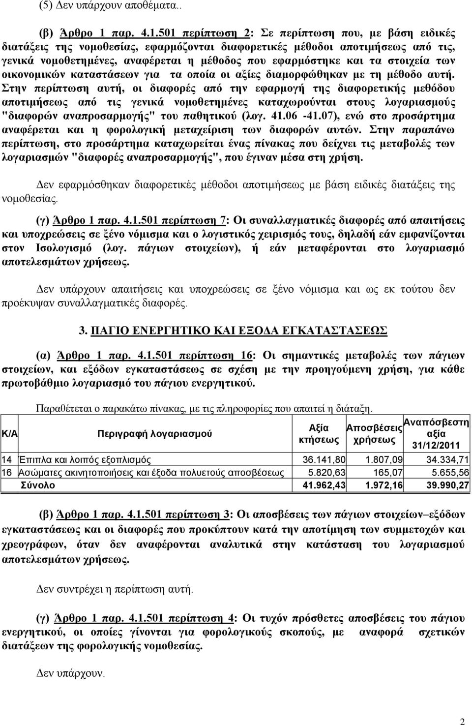 501 περίπτωση 2: Σε περίπτωση που, με βάση ειδικές διατάξεις της νομοθεσίας, εφαρμόζονται διαφορετικές μέθοδοι αποτιμήσεως από τις, γενικά νομοθετημένες, αναφέρεται η μέθοδος που εφαρμόστηκε και τα