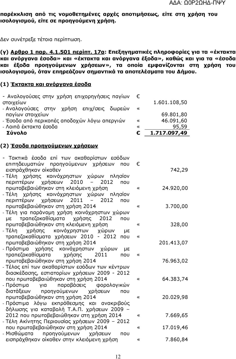 ισολογισµού, όταν επηρεάζουν σηµαντικά τα αποτελέσµατα του ήµου. (1) Έκτακτα και ανόργανα έσοδα - Αναλογούσες στην χρήση επιχορηγήσεις παγίων στοιχείων 1.601.