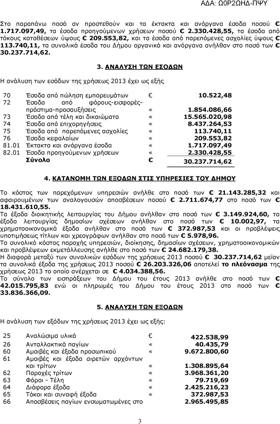 .237.714,62. 3. ΑΝΑΛΥΣΗ ΤΩΝ ΕΣΟ ΩΝ Η ανάλυση των εσόδων της χρήσεως 2013 έχει ως εξής 70 Έσοδα από πώληση εµπορευµάτων 10.522,48 72 Έσοδα από φόρους-εισφορέςπρόστιµα-προσαυξήσεις 1.854.