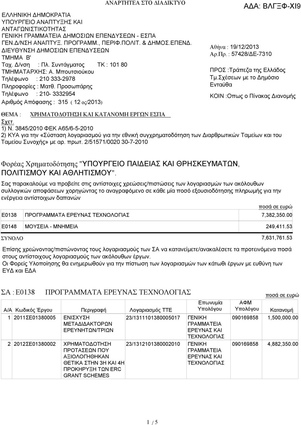 Προσωπάρης Τηλέφωνο : 210-3332954 Αριθμός Απόφασης : 315 ( 12 ος/2013) Αθήνα : 19/12/2013 Αρ.Πρ. : 57428/ΔΕ-7310 ΠΡΟΣ :Τράπεζα της Ελλάδος Τμ.