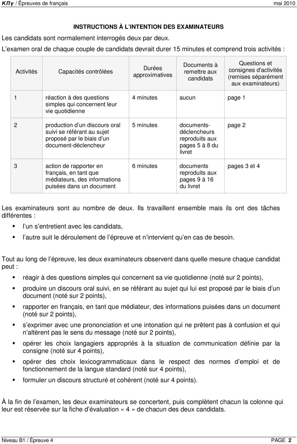 consignes d'activités (remises séparément aux examinateurs) 1 réaction à des questions simples qui concernent leur vie quotidienne 4 minutes aucun page 1 2 production d un discours oral suivi se