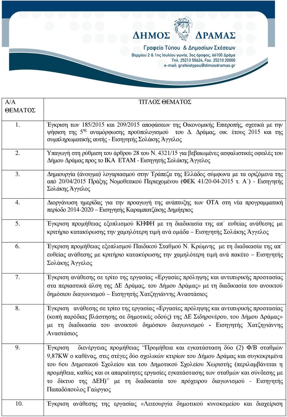 4321/15 για βεβαιωμένες ασφαλιστικές οφειλές του Δήμου Δράμας προς το ΙΚΑ ΕΤΑΜ - Εισηγητής Σολάκης 3.