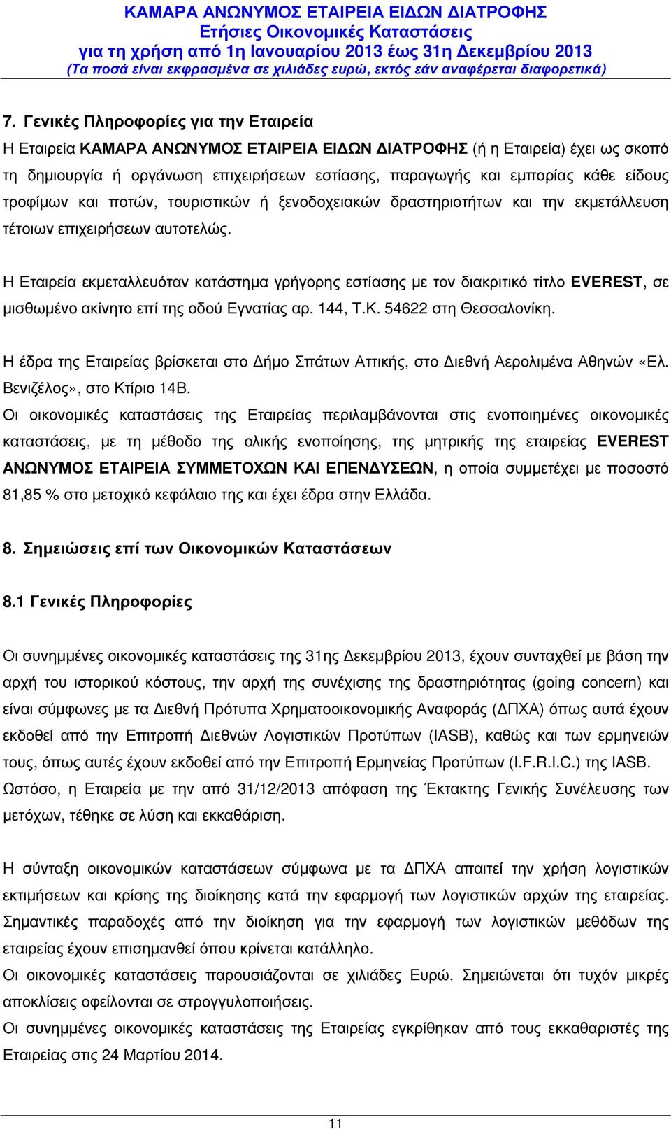 Η Εταιρεία εκµεταλλευόταν κατάστηµα γρήγορης εστίασης µε τον διακριτικό τίτλο EVEREST, σε µισθωµένο ακίνητο επί της οδού Εγνατίας αρ. 144, Τ.Κ. 54622 στη Θεσσαλονίκη.