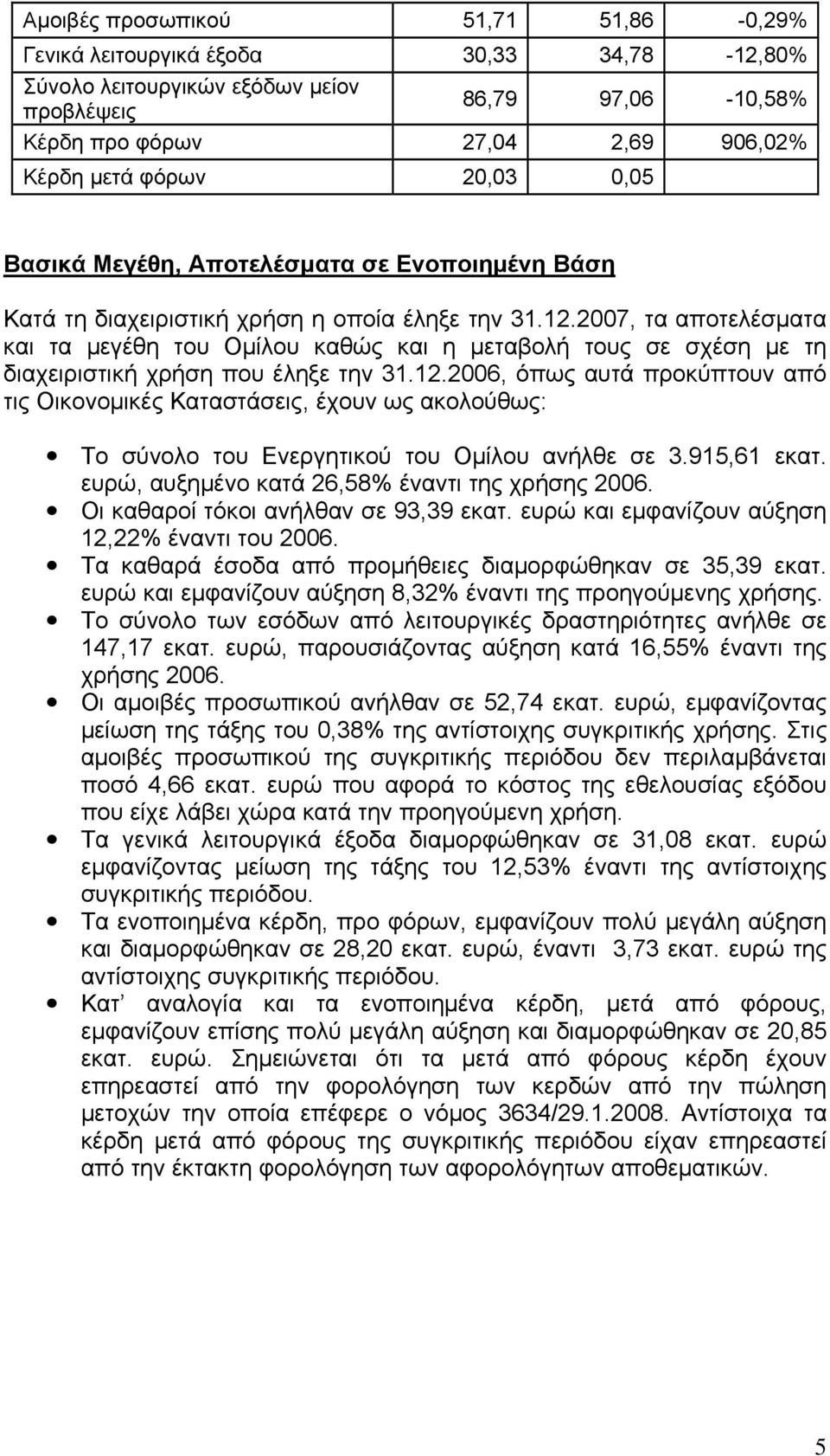 2007, τα αποτελέσματα και τα μεγέθη του Ομίλου καθώς και η μεταβολή τους σε σχέση με τη διαχειριστική χρήση που έληξε την 31.12.