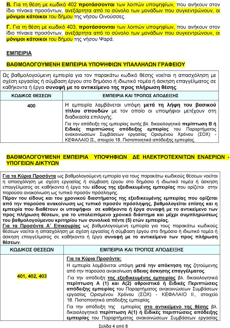 Για τη θέση με κωδικό 403, προτάσσονται των λοιπών υποψηφίων, που ανήκουν στον ίδιο πίνακα προσόντων, ανεξάρτητα από το σύνολο των μονάδων που συγκεντρώνουν, οι μόνιμοι κάτοικοι του δήμου της νήσου