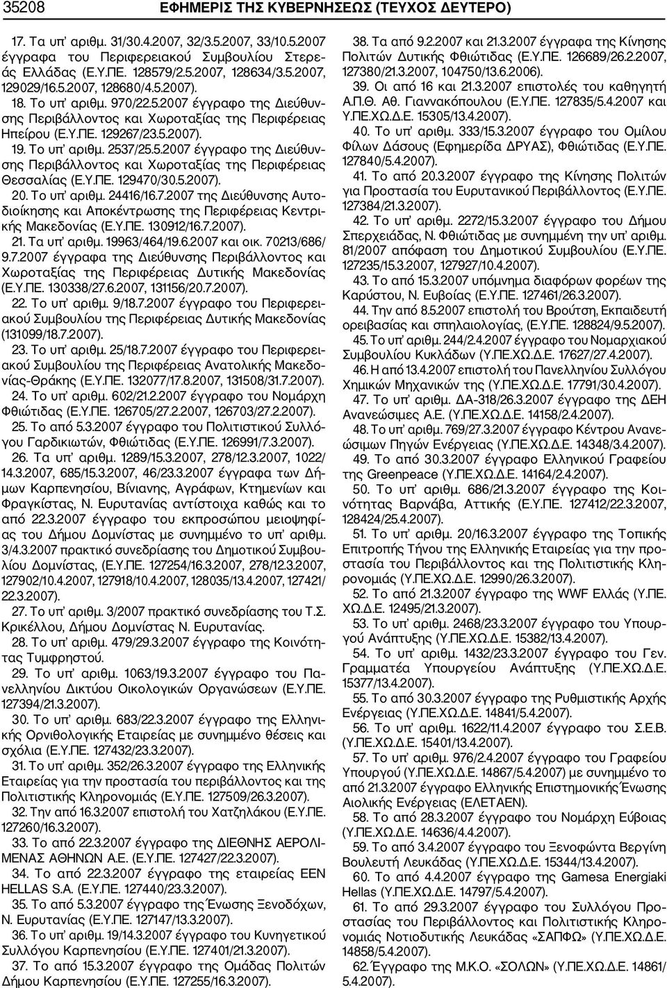 Υ.ΠΕ. 129470/30.5.2007). 20. Το υπ αριθμ. 24416/16.7.2007 της Διεύθυνσης Αυτο διοίκησης και Αποκέντρωσης της Περιφέρειας Κεντρι κής Μακεδονίας (Ε.Υ.ΠΕ. 130912/16.7.2007). 21. Τα υπ αριθμ.