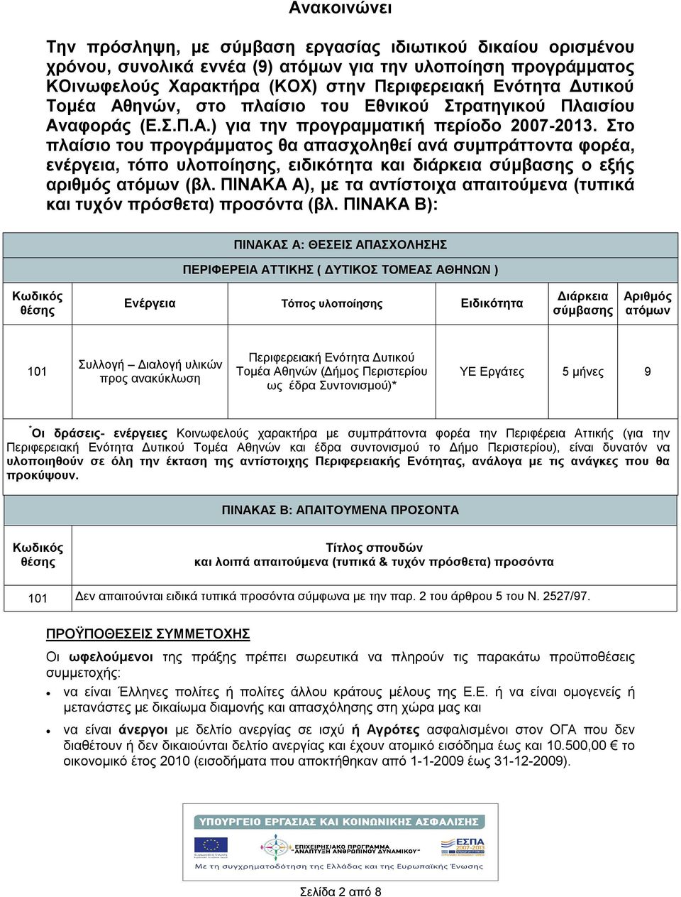 Στο πλαίσιο του προγράμματος θα απασχοληθεί ανά συμπράττοντα φορέα, ενέργεια, τόπο υλοποίησης, ειδικότητα και διάρκεια σύμβασης ο εξής αριθμός ατόμων (βλ.