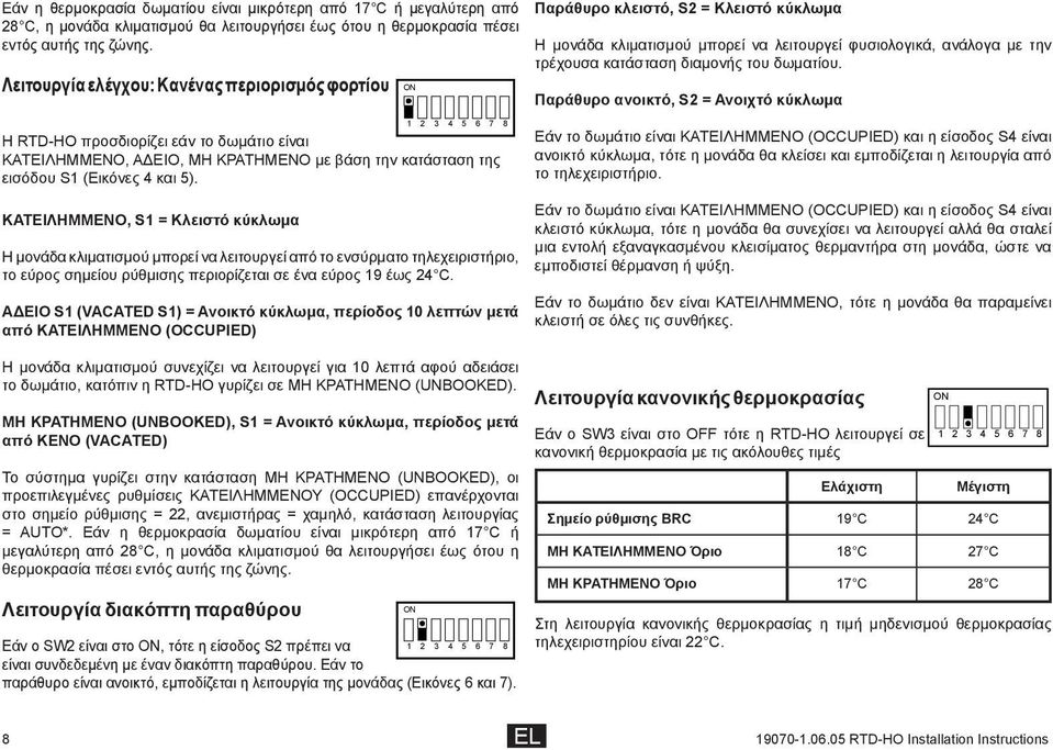 ΚΑΤΕΙΛΗΜΜΕΝΟ, S1 = Κλειστό κύκλωμα Η μονάδα κλιματισμού μπορεί να λειτουργεί από το ενσύρματο τηλεχειριστήριο, το εύρος σημείου ρύθμισης περιορίζεται σε ένα εύρος 19 έως 24 C.