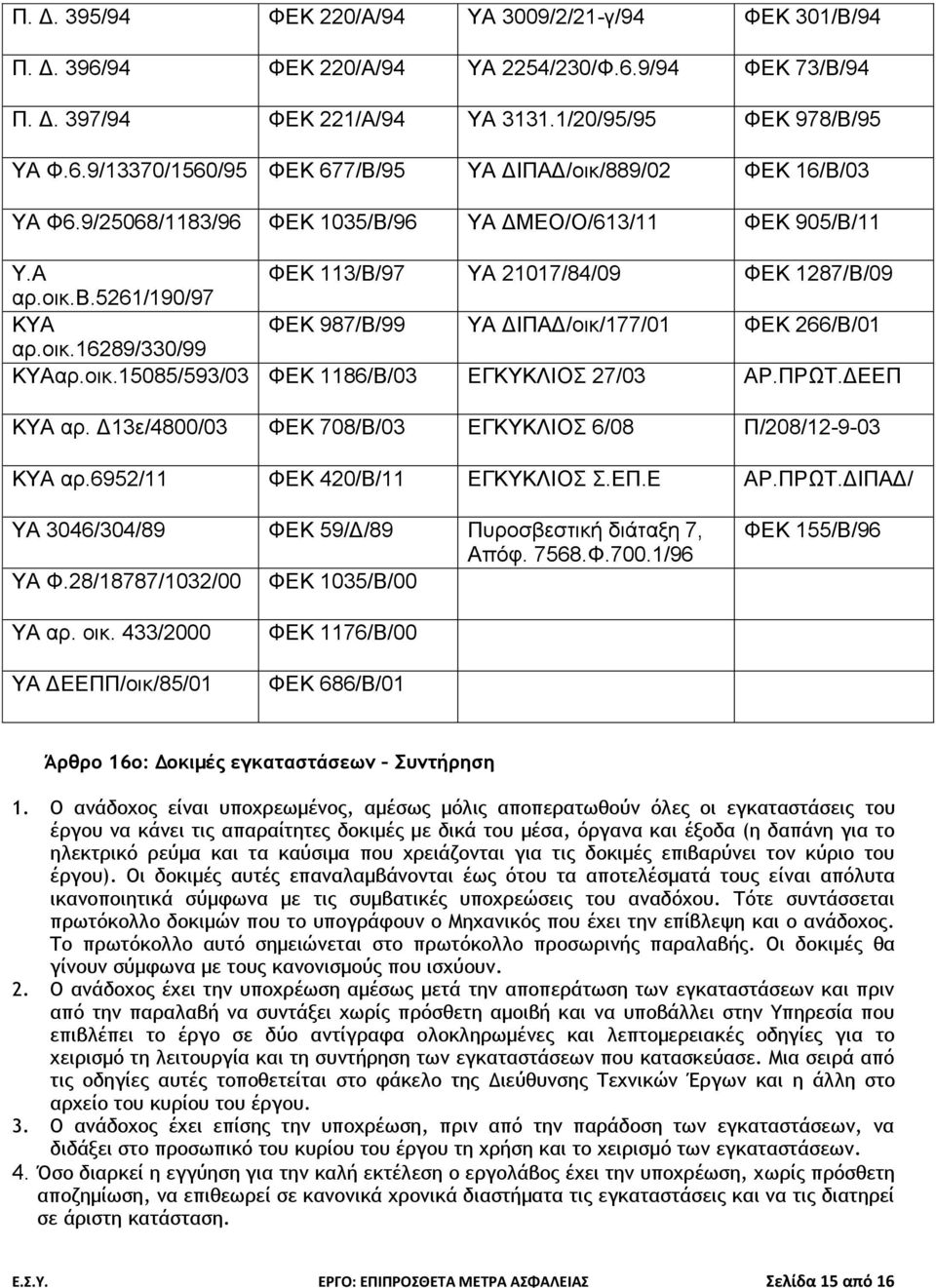 οικ.15085/593/03 ΦΕΚ 1186/Β/03 ΕΓΚΥΚΛΙΟΣ 27/03 ΑΡ.ΠΡΩΤ.ΔΕΕΠ ΚΥΑ αρ. Δ13ε/4800/03 ΦΕΚ 708/Β/03 ΕΓΚΥΚΛΙΟΣ 6/08 Π/208/12-9-03 ΚΥΑ αρ.6952/11 ΦΕΚ 420/Β/11 ΕΓΚΥΚΛΙΟΣ Σ.ΕΠ.Ε ΑΡ.ΠΡΩΤ.ΔΙΠΑΔ/ ΥΑ 3046/304/89 ΦΕΚ 59/Δ/89 Πυροσβεστική διάταξη 7, Απόφ.