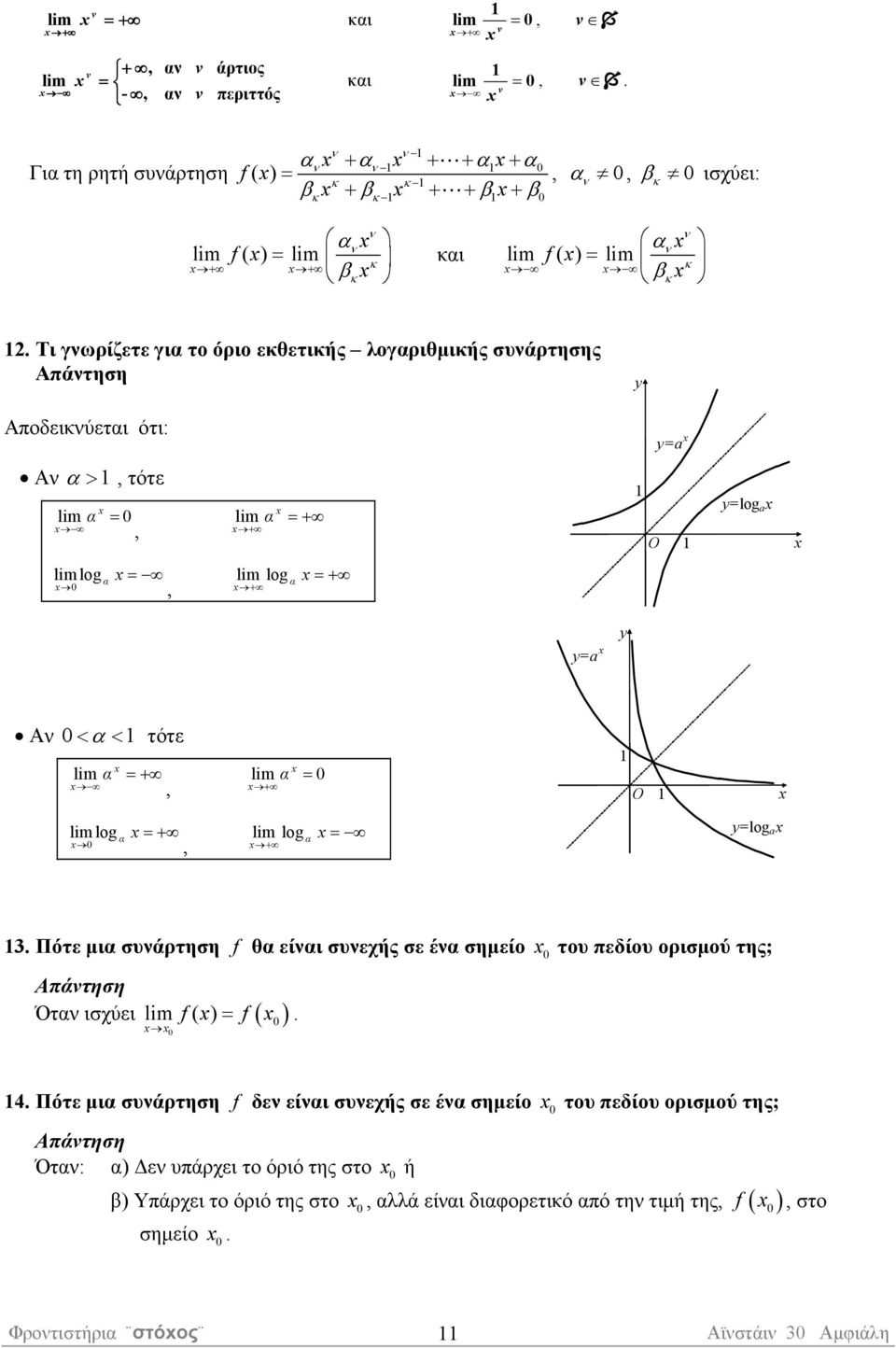 lm α = + O lm log α =+, lm log + α = y=log a 3 Πότε µια συάρτηση f θα είαι συεχής σε έα σηµείο του πεδίου ορισµού της; Ότα ισχύει lm f ( ) f ( ) = 4 Πότε µια συάρτηση f δε είαι συεχής σε