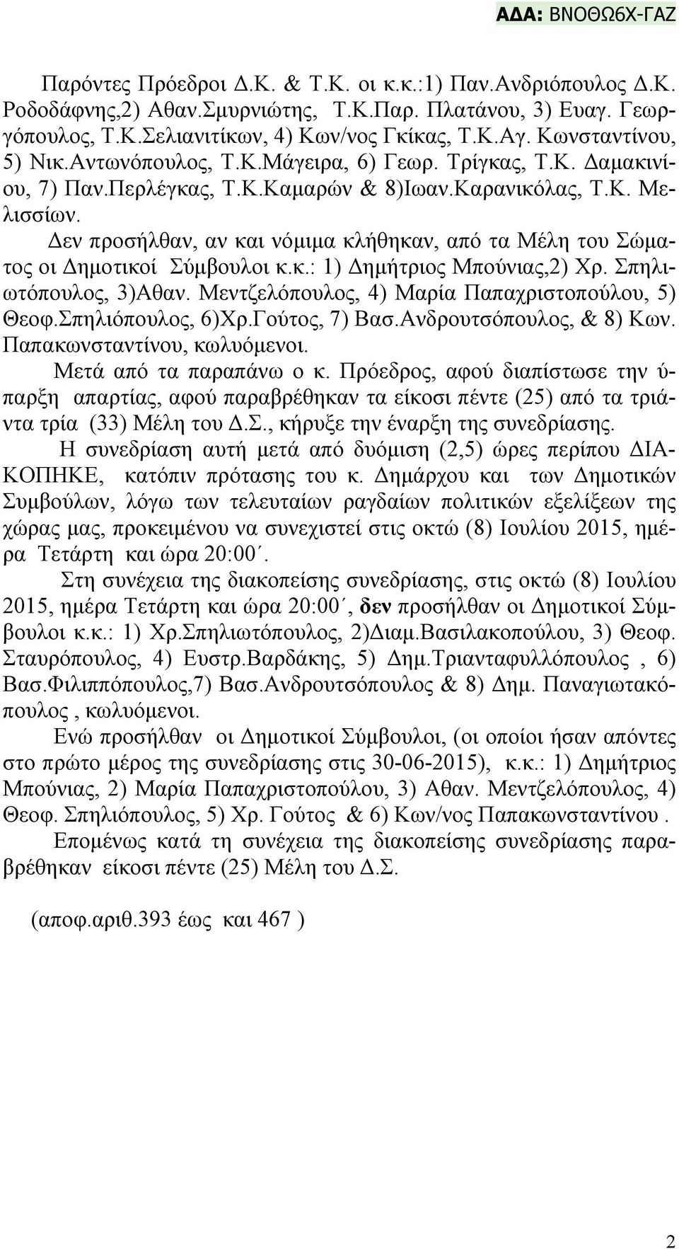 Δεν προσήλθαν, αν και νόμιμα κλήθηκαν, από τα Μέλη του Σώματος οι Δημοτικοί Σύμβουλοι κ.κ.: 1) Δημήτριος Μπούνιας,2) Χρ. Σπηλιωτόπουλος, 3)Αθαν. Μεντζελόπουλος, 4) Μαρία Παπαχριστοπούλου, 5) Θεοφ.