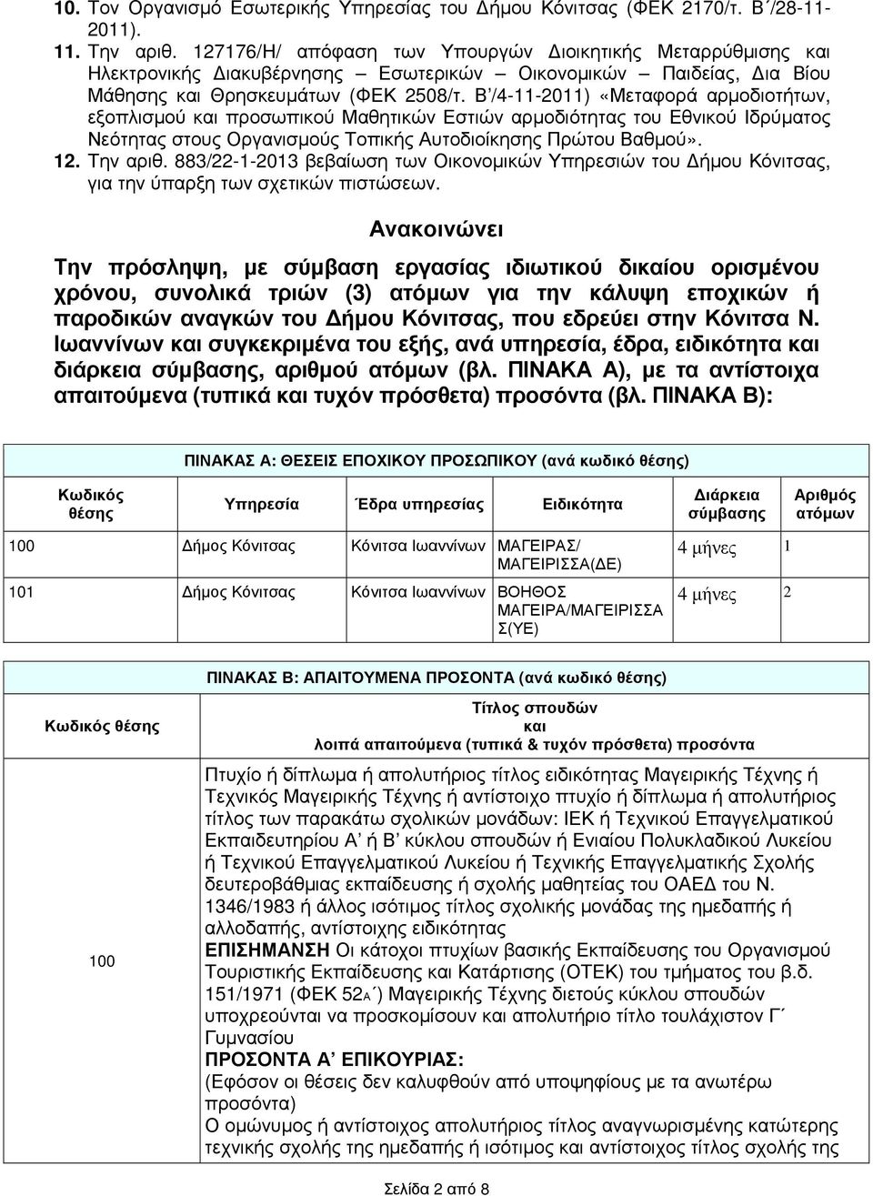 Β /4-11-2011) «Μεταφορά αρµοδιοτήτων, εξοπλισµού και προσωπικού Μαθητικών Εστιών αρµοδιότητας του Εθνικού Ιδρύµατος Νεότητας στους Οργανισµούς Τοπικής Αυτοδιοίκησης Πρώτου Βαθµού». 12. Την αριθ.