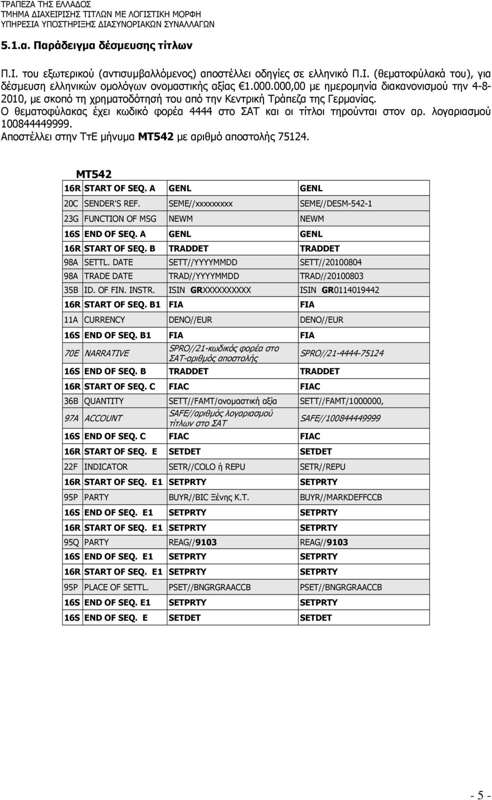 λογαριασµού 100844449999. Αποστέλλει στην ΤτΕ µήνυµα ΜΤ542 µε αριθµό αποστολής 75124. ΜΤ542 16R START OF SEQ. A GENL GENL 20C SENDER'S REF.