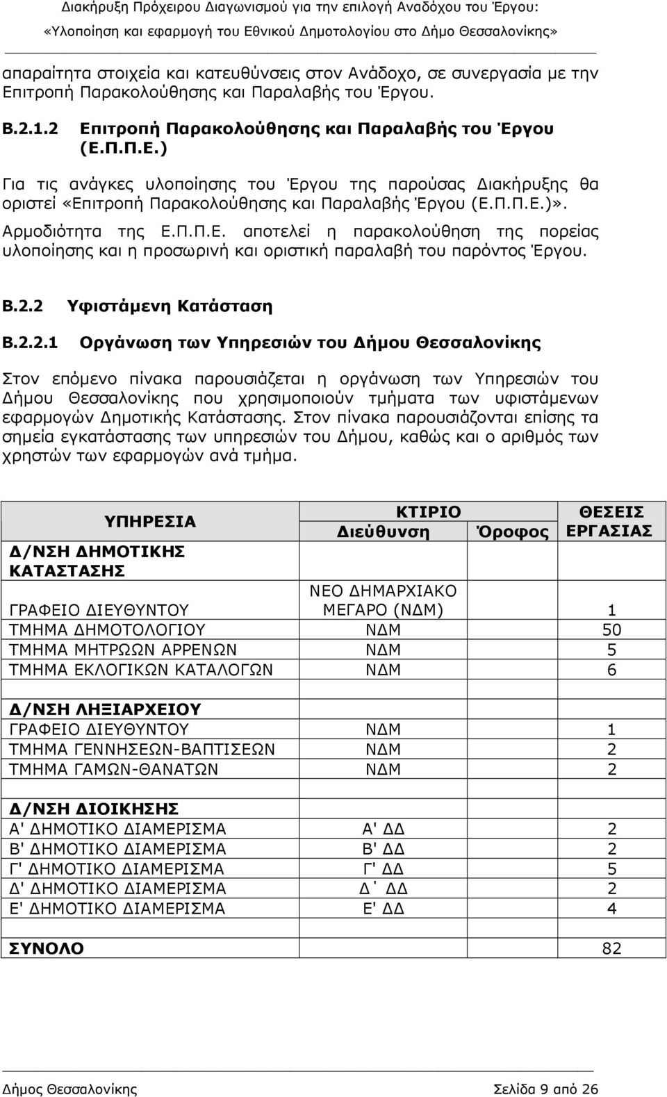 2 B.2.2.1 Υφιστάµενη Κατάσταση Οργάνωση των Υπηρεσιών του ήµου Θεσσαλονίκης Στον επόµενο πίνακα παρουσιάζεται η οργάνωση των Υπηρεσιών του ήµου Θεσσαλονίκης που χρησιµοποιούν τµήµατα των υφιστάµενων