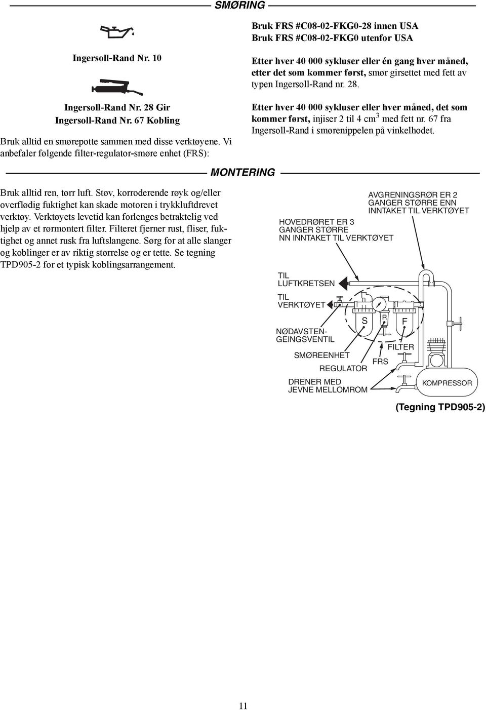 Vi anbefaler følgende filter-regulator-smøre enhet (FRS): Etter hver 40 000 sykluser eller én gang hver måned, etter det som kommer først, smør girsettet med fett av typen Ingersoll-Rand nr. 28.