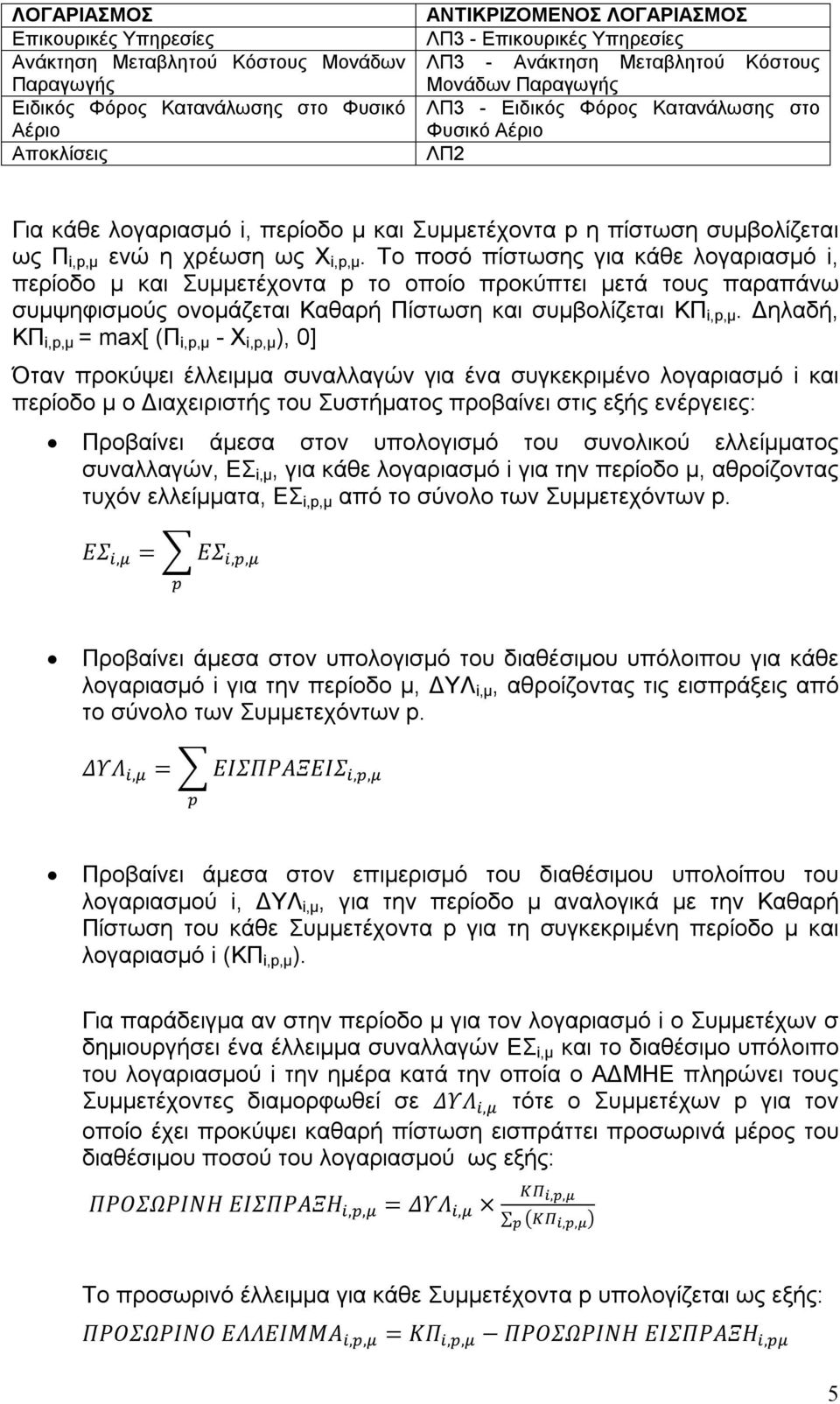 ως Χ i,p,μ. Το ποσό πίστωσης για κάθε λογαριασμό i, περίοδο μ και Συμμετέχοντα p το οποίο προκύπτει μετά τους παραπάνω συμψηφισμούς ονομάζεται Καθαρή Πίστωση και συμβολίζεται ΚΠ i,p,μ.