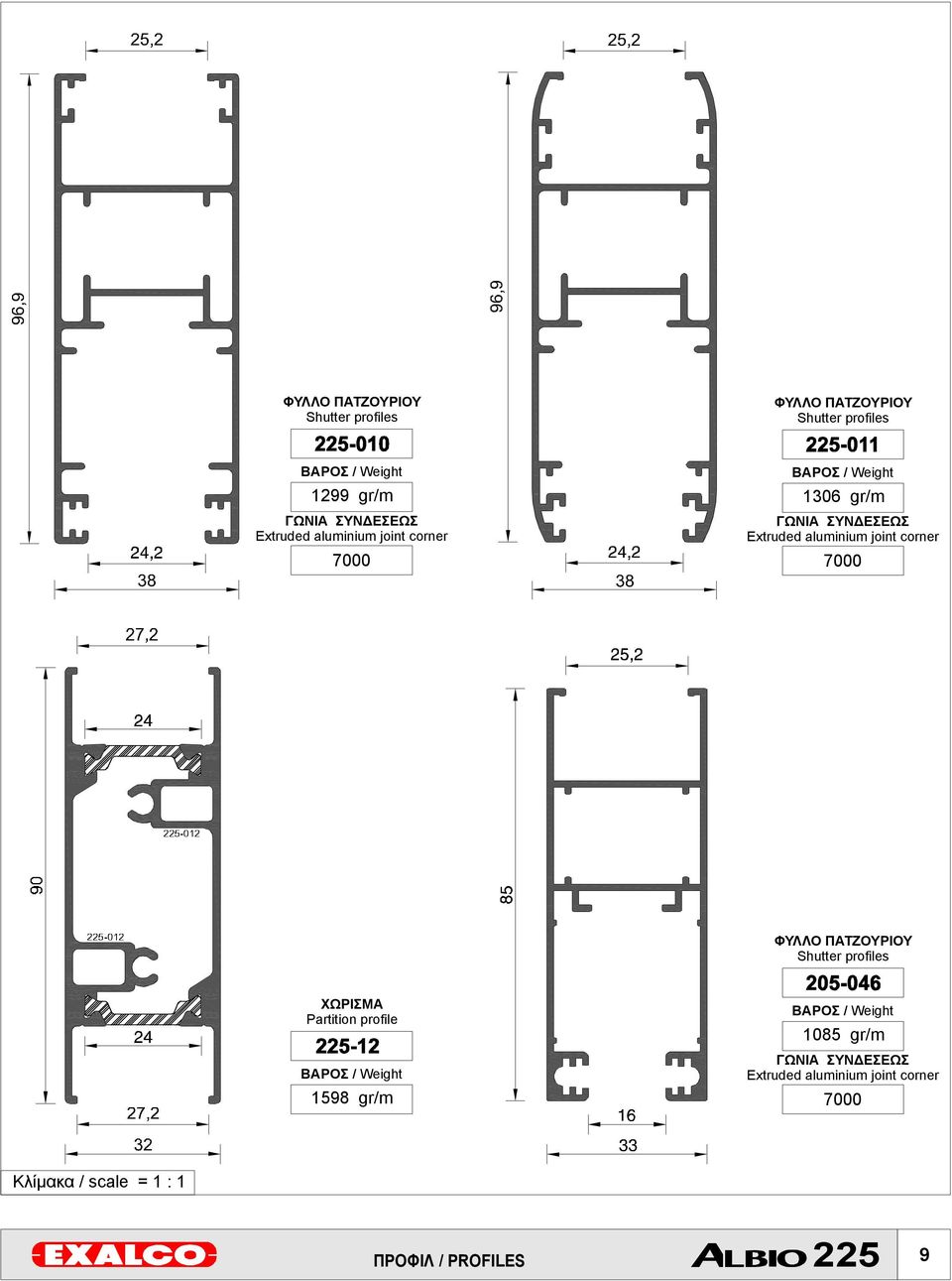 joint corner 7000 ΦΥΛΛΟ ΠΑΤΖΟΥΡΙΟΥ Shutter profiles ΧΩΡΙΣΜΑ Partition profile ΒΑΡΟΣ / Weight 1598 gr/m