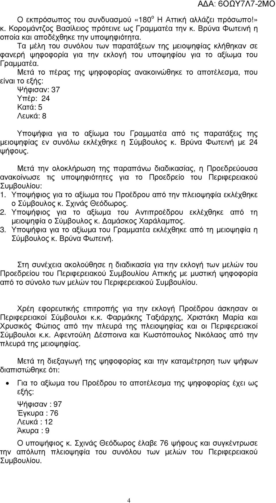 Μετά το πέρας της ψηφοφορίας ανακοινώθηκε το αποτέλεσµα, που είναι το εξής: Ψήφισαν: 37 Υπέρ: 24 Κατά: 5 Λευκά: 8 Υποψήφια για το αξίωµα του Γραµµατέα από τις παρατάξεις της µειοψηφίας εν συνόλω