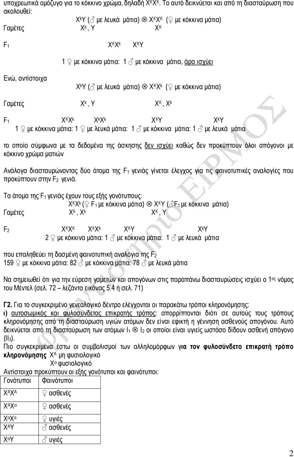 Ενώ, αντίστοιχα Χ k Υ ( µε λευκά µάτια) Χ K Χ k ( µε κόκκινα µάτια) Γαµέτες Χ k, Υ Χ K, Χ k F1 Χ K Χ k Χ k Χ k Χ K Υ Χ k Υ 1 µε κόκκινα µάτια: 1 µε λευκά µάτια: 1 µε κόκκινα µάτια: 1 µε λευκά µάτια