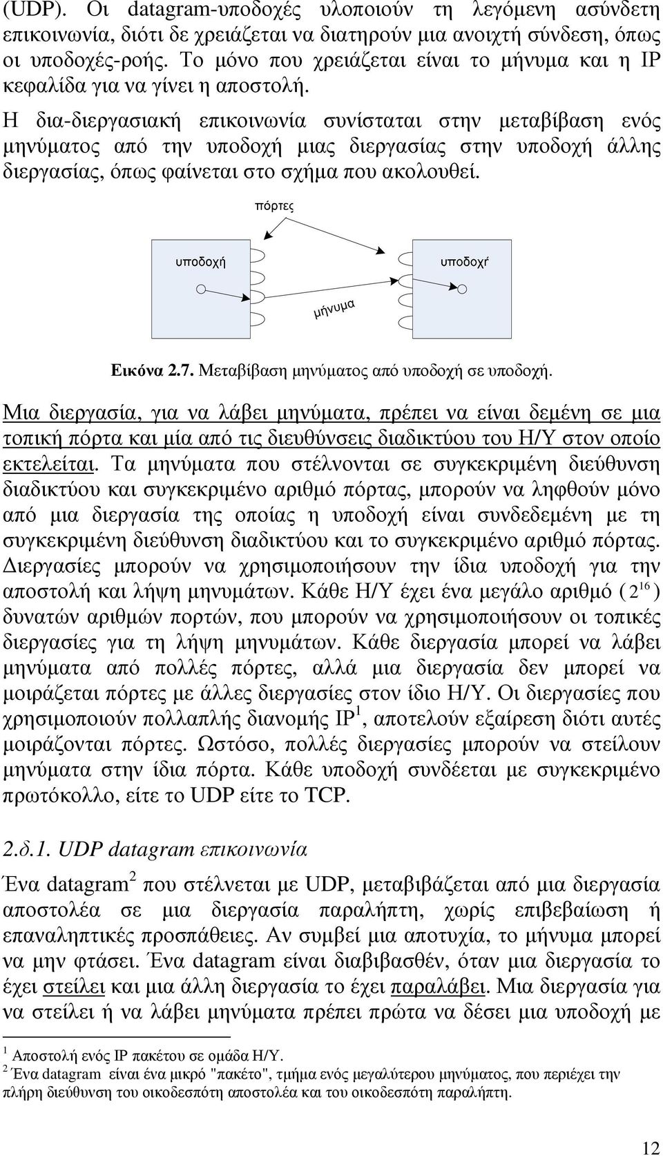 Η δια-διεργασιακή επικοινωνία συνίσταται στην µεταβίβαση ενός µηνύµατος από την υποδοχή µιας διεργασίας στην υποδοχή άλλης διεργασίας, όπως φαίνεται στο σχήµα που ακολουθεί. Εικόνα 2.7.