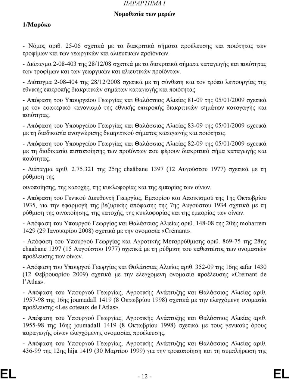 - Διάταγμα 2-08-404 της 28/12/2008 σχετικά με τη σύνθεση και τον τρόπο λειτουργίας της εθνικής επιτροπής διακριτικών σημάτων καταγωγής και ποιότητας.