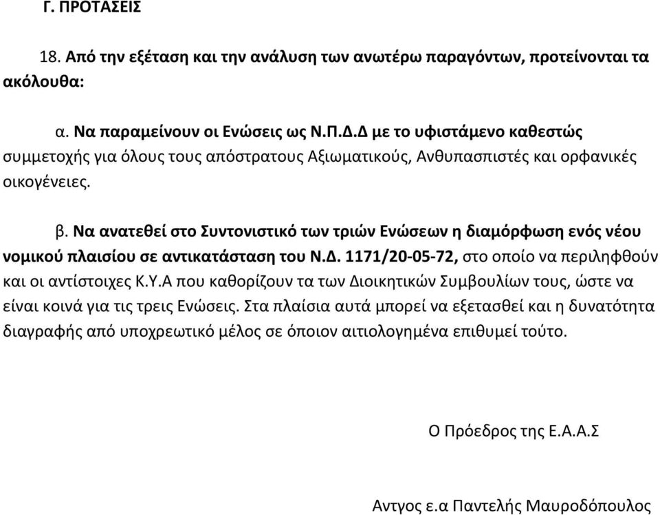 Να ανατεθεί στο Συντονιστικό των τριών Ενώσεων η διαμόρφωση ενός νέου νομικού πλαισίου σε αντικατάσταση του Ν.Δ. 1171/20 05 72, στο οποίο να περιληφθούν και οι αντίστοιχες Κ.Υ.