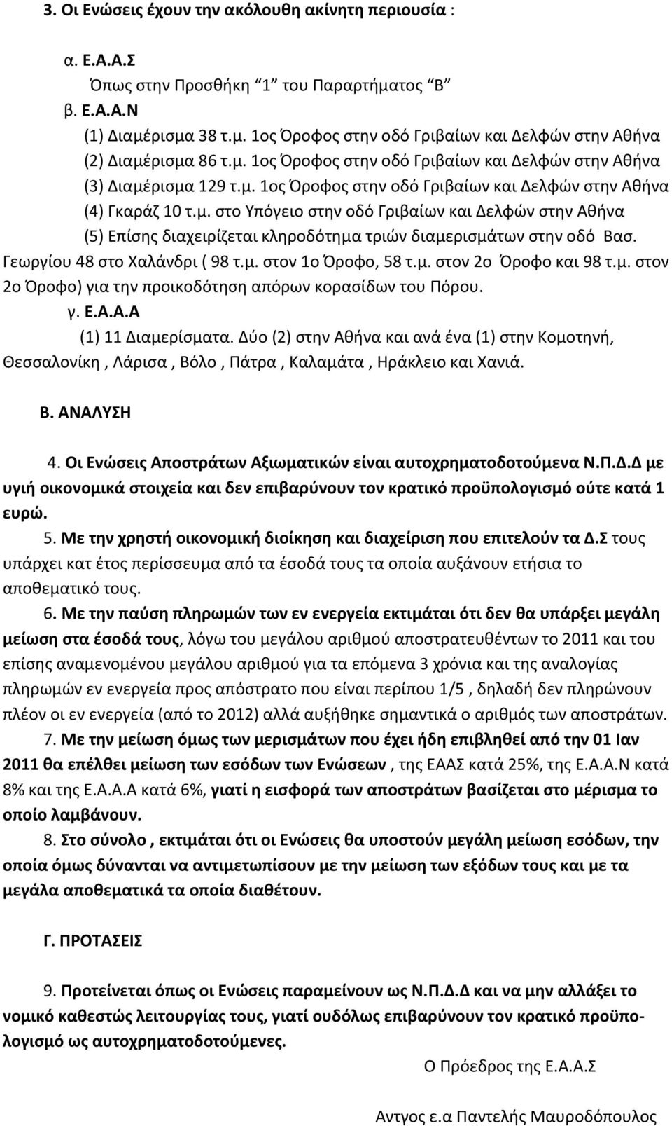 Γεωργίου 48 στο Χαλάνδρι ( 98 τ.μ. στον 1ο Όροφο, 58 τ.μ. στον 2ο Όροφο και 98 τ.μ. στον 2ο Όροφο) για την προικοδότηση απόρων κορασίδων του Πόρου. γ. Ε.Α.Α.Α (1) 11 Διαμερίσματα.