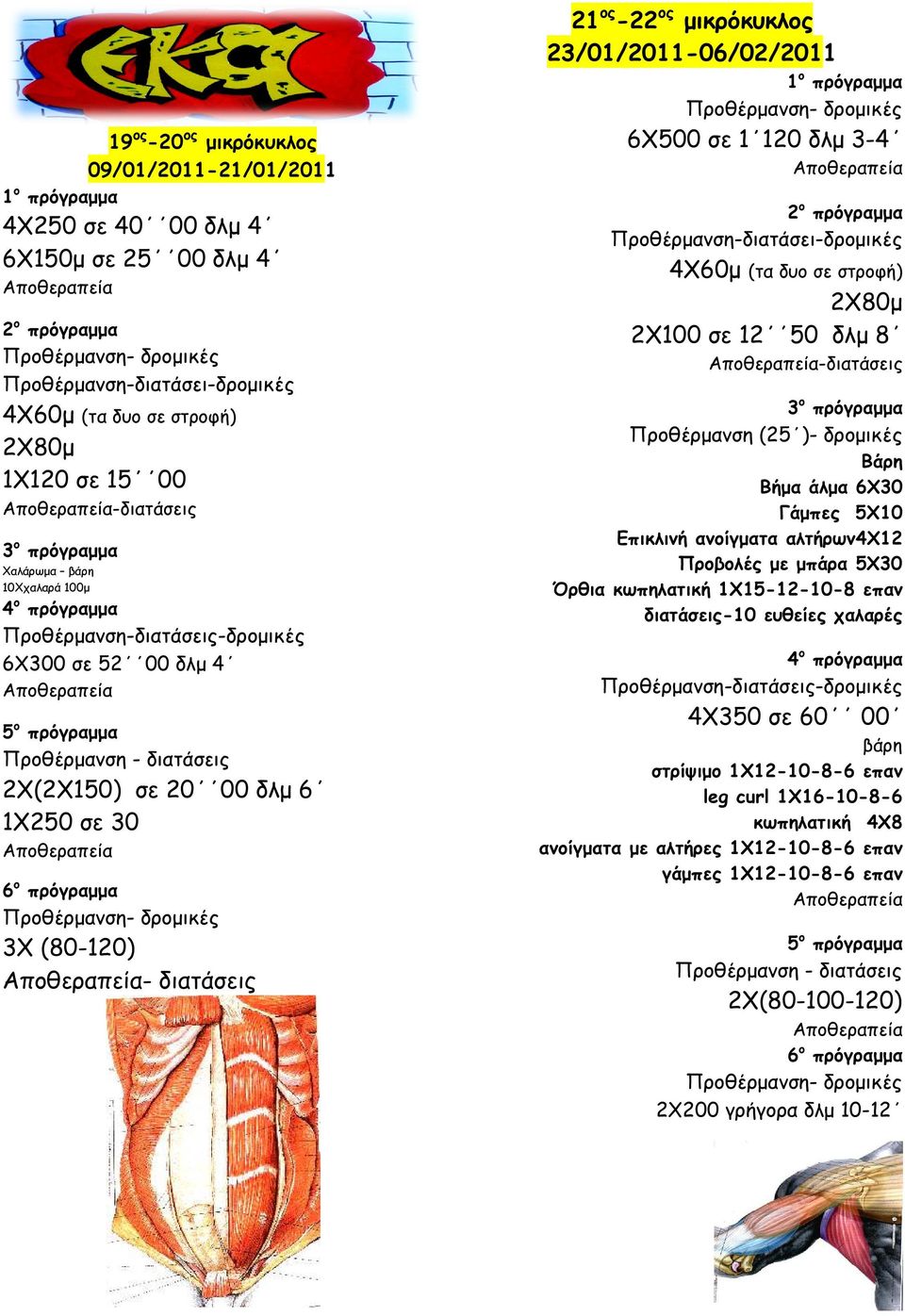 δλµ 3-4 Προθέρµανση-διατάσει-δροµικές 4Χ60µ (τα δυο σε στροφή) 2Χ100 σε 12 50 δλµ 8 -διατάσεις Προθέρµανση (25 )- δροµικές Βάρη Βήµα άλµα 6Χ30 Γάµπες 5Χ10 Επικλινή ανοίγµατα αλτήρων4χ12 Προβολές µε