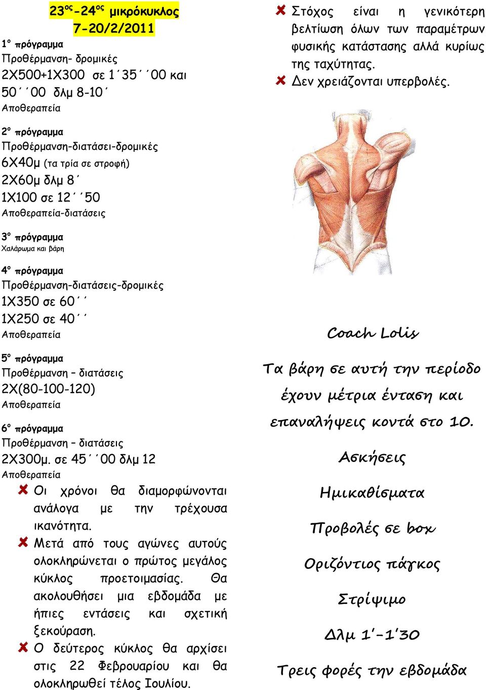 Προθέρµανση-διατάσει-δροµικές 6Χ40µ (τα τρία σε στροφή) 2Χ60µ δλµ 8 1Χ100 σε 12 50 -διατάσεις Χαλάρωµα και βάρη Προθέρµανση-διατάσεις-δροµικές 1Χ350 σε 60 1Χ250 σε 40 2X(80-100-120) 2Χ300µ.