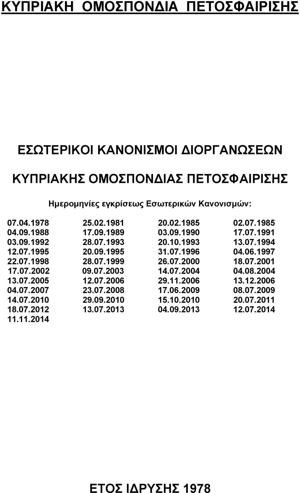 07.1996 04.06.1997 22.07.1998 28.07.1999 26.07.2000 18.07.2001 17.07.2002 09.07.2003 14.07.2004 04.08.2004 13.07.2005 12.07.2006 29.11.2006 13.12.2006 04.