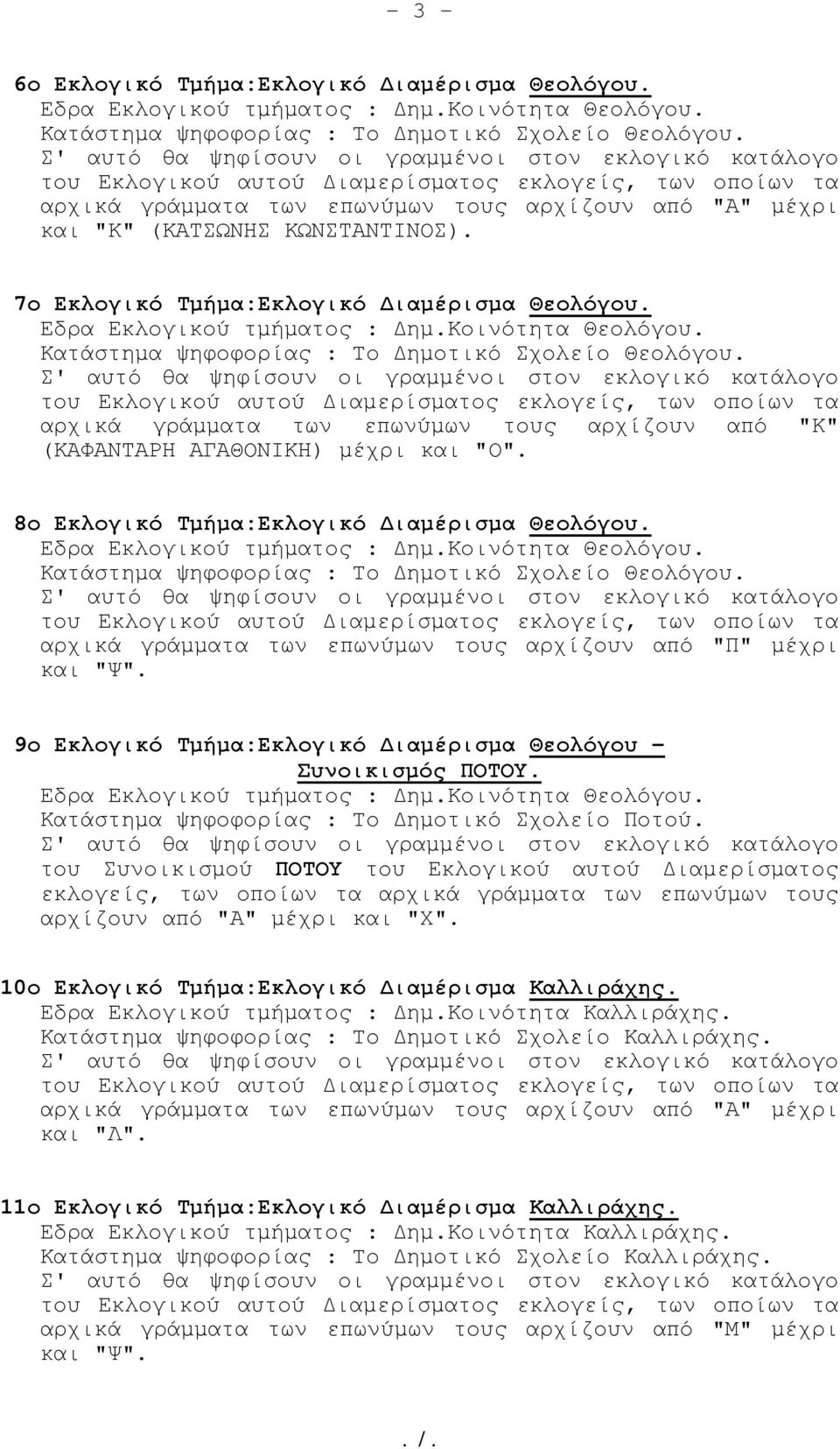 8ο Εκλογικό Τµήµα:Εκλογικό ιαµέρισµα Θεολόγου. Εδρα Εκλογικού τµήµατος : ηµ.κοινότητα Θεολόγου. Κατάστηµα ψηφοφορίας : Tο ηµοτικό Σχολείο Θεολόγου.