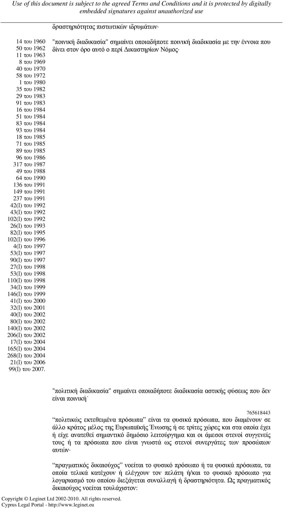 1995 102(Ι) του 1996 4(Ι) του 1997 53(Ι) του 1997 90(Ι) του 1997 27(Ι) του 1998 53(Ι) του 1998 110(Ι) του 1998 34(Ι) του 1999 146(Ι) του 1999 41(Ι) του 2000 32(Ι) του 2001 40(Ι) του 2002 80(Ι) του