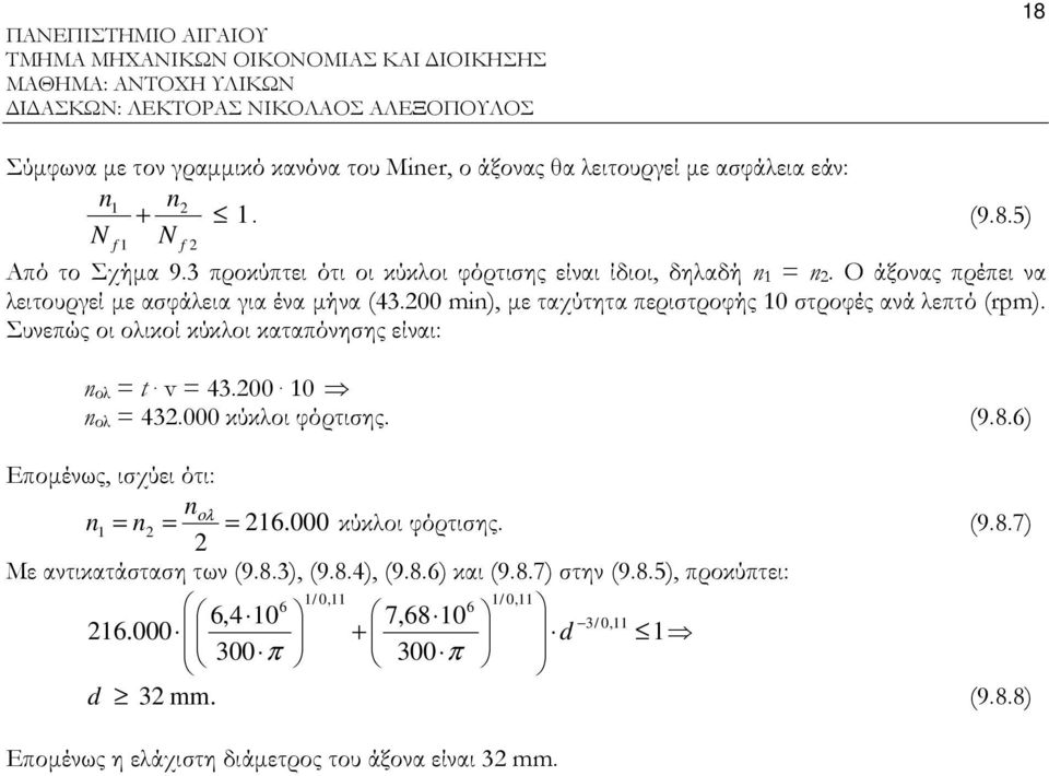 00 min), µε τχύτητ περιτροφής 0 τροφές νά λεπτό (rpm). Συνεπώς οι ολικοί κύκλοι κτπόνηης είνι: n ολ t. v 43.00. 0 n ολ 43.000 κύκλοι φόρτιης. (9.8.