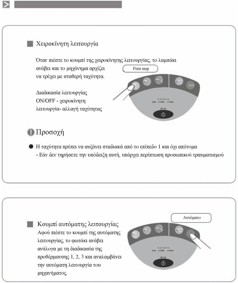 Διαδικασία λειτουργίας ON/OFF - χειροκίνητη λειτουργία- αλλαγή ταχύτητας Προσοχή H ταχύτητα πρέπει να αυξάνει σταδιακά από το επίπεδο 1 και όχι