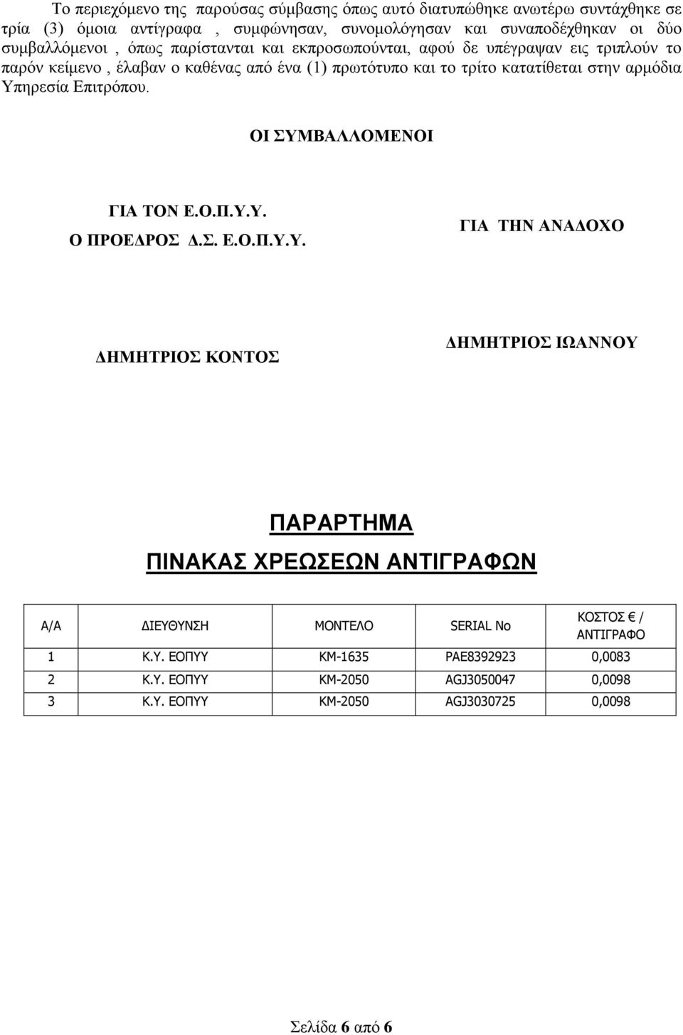 αρμόδια Υπηρεσία Επιτρόπου. ΟΙ ΣΥΜΒΑΛΛΟΜΕΝΟΙ ΓΙΑ ΤΟΝ Ε.Ο.Π.Υ.Υ. Ο ΠΡΟΕΔΡΟΣ Δ.Σ. E.Ο.Π.Υ.Υ. ΓΙΑ ΤΗΝ ΑΝΑΔΟΧΟ ΔΗΜΗΤΡΙΟΣ ΚΟΝΤΟΣ ΔΗΜΗΤΡΙΟΣ ΙΩΑΝΝΟΥ ΠΑΡΑΡΤΗΜΑ ΠΙΝΑΚΑΣ ΧΡΕΩΣΕΩΝ ΑΝΤΙΓΡΑΦΩΝ Α/Α ΔΙΕΥΘΥΝΣΗ ΜΟΝΤΕΛΟ SERIAL No ΚΟΣΤΟΣ / ΑΝΤΙΓΡΑΦΟ 1 Κ.