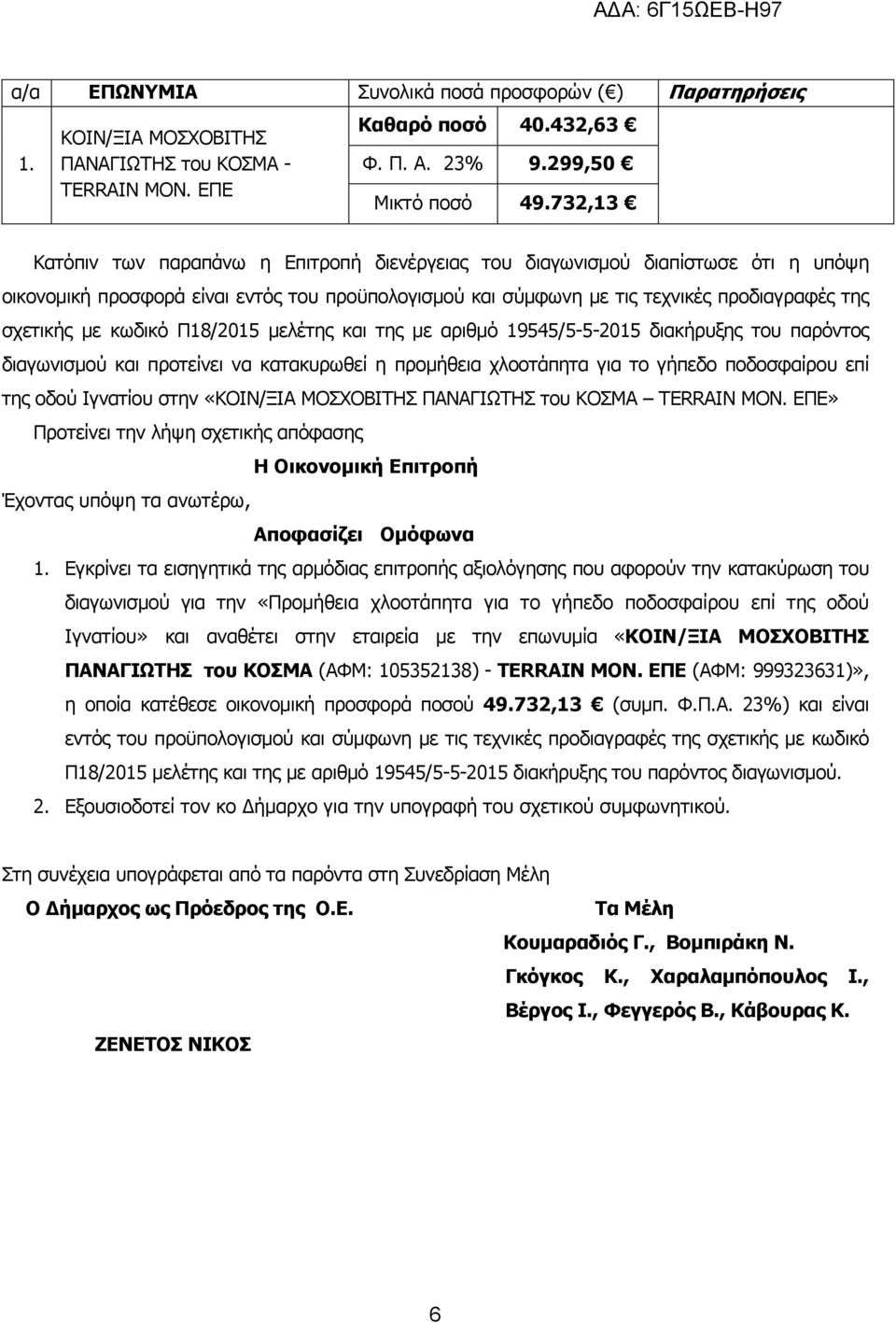 κωδικό Π18/2015 µελέτης και της µε αριθµό 19545/5-5-2015 του παρόντος διαγωνισµού και προτείνει να κατακυρωθεί η προµήθεια χλοοτάπητα για το γήπεδο ποδοσφαίρου επί της οδού Ιγνατίου στην «ΚΟΙΝ/ΞΙΑ