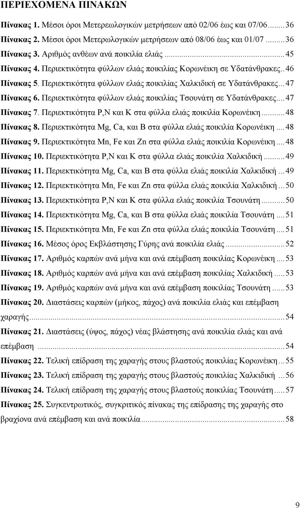 ..47 Πίνακας 6. Περιεκτικότητα φύλλων ελιάς ποικιλίας Τσουνάτη σε Υδατάνθρακες...47 Πίνακας 7. Περιεκτικότητα P, και Κ στα φύλλα ελιάς ποικιλία Κορωνέικη...48 Πίνακας 8.