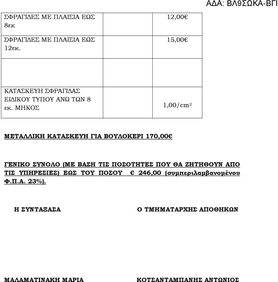 ΜΗΚΟΣ 1,00/cm 2 ΜΕΤΑΛΛΙΚΗ ΚΑΤΑΣΚΕΥΗ ΓΙΑ ΒΟΥΛΟΚΕΡΙ 170,00 ΓΕΝΙΚΟ ΣΥΝΟΛΟ (ΜΕ ΒΑΣΗ ΤΙΣ ΠΟΣΟΤΗΤΕΣ